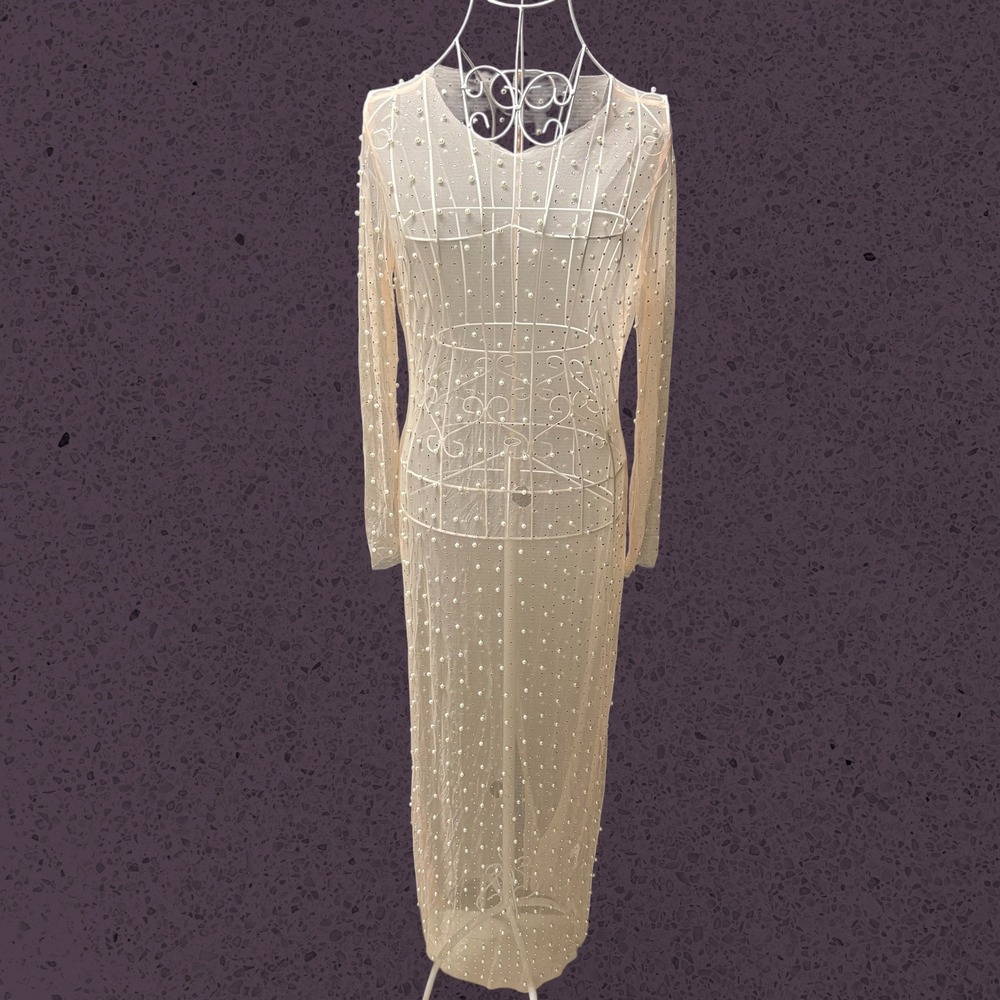 Sheer Mesh Pearl Rhinestone Embellished Maxi Dress Long Sleeve Medium